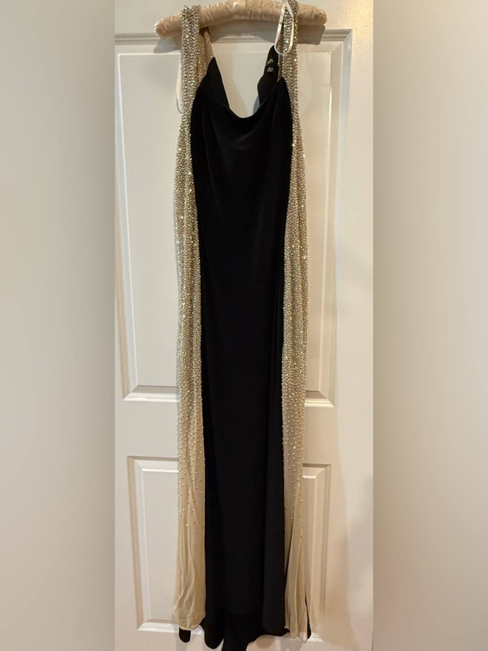 Xscape Black Gown with Gold Beaded Draped Panels
